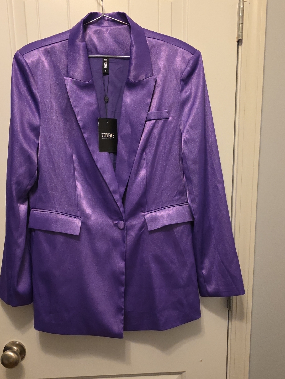 STYLEWE Shiny Purple Satin Single-Button Blazer